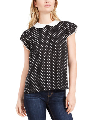 CeCe Women's Polka Dot Flutter Sleeve Peter Pan Collar Top Black Size Large