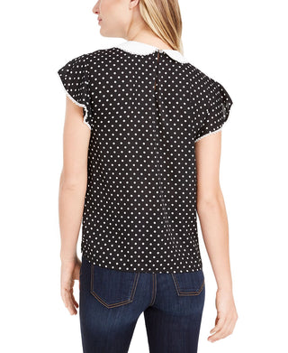 CeCe Women's Polka Dot Flutter Sleeve Peter Pan Collar Top Black Size Large
