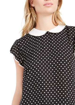 CeCe Women's Polka Dot Flutter Sleeve Peter Pan Collar Top Black Size Large