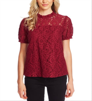 CeCe Women's Floral Short Sleeve Illusion Neckline Top Red Size X-Large