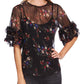 Vince Camuto Women's Sheer Floral Print Country Bouquet Peasant Top Black Size Small