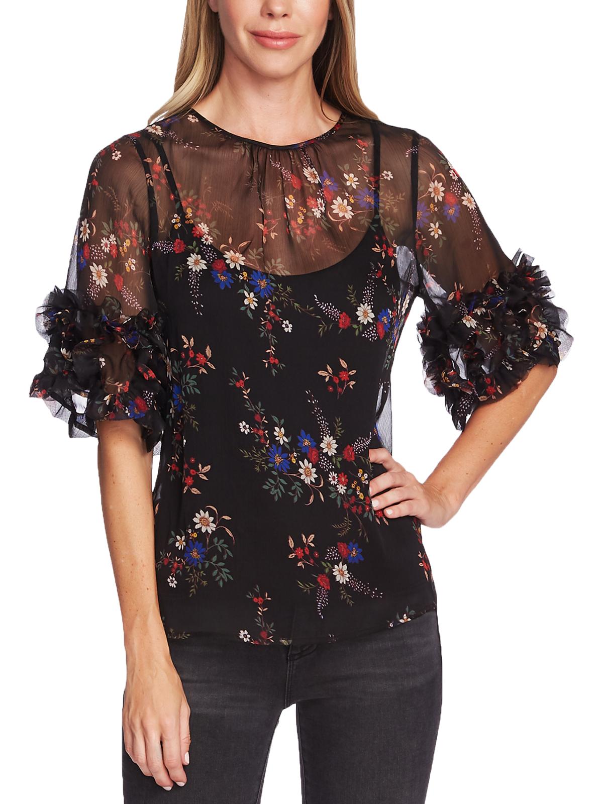 Vince Camuto Women's Sheer Floral Print Country Bouquet Peasant Top Black Size Small