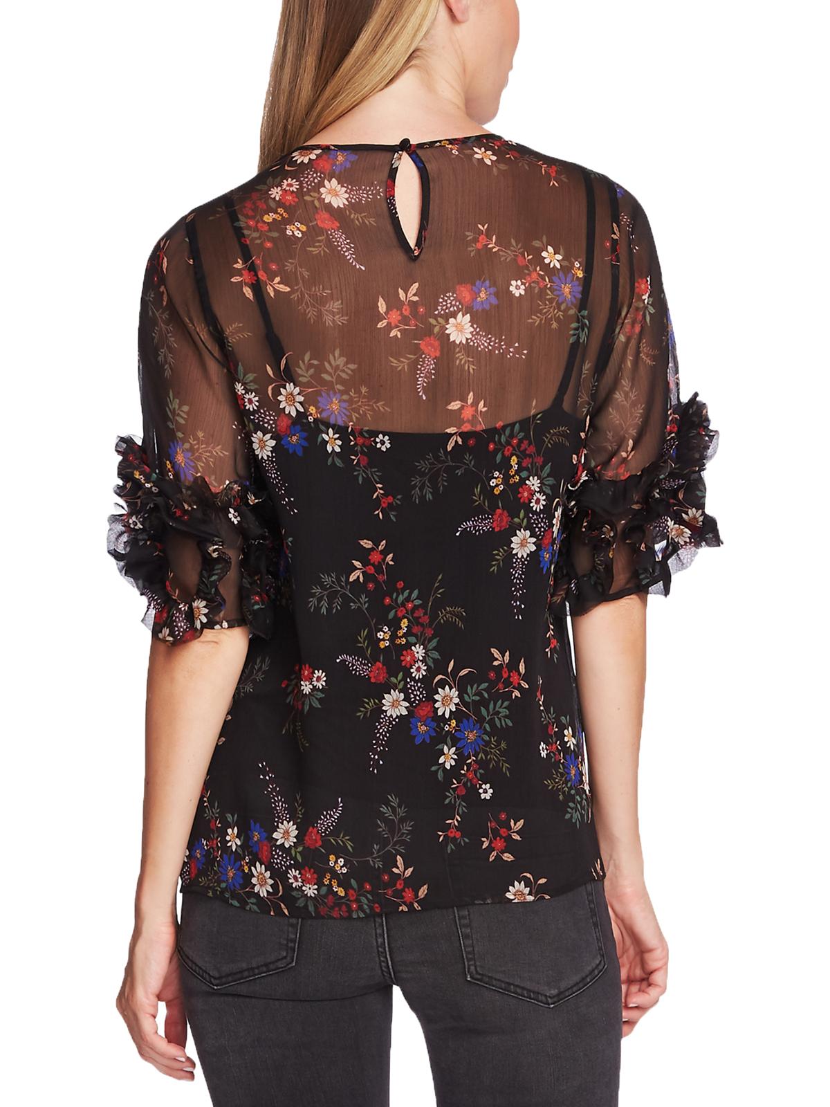 Vince Camuto Women's Sheer Floral Print Country Bouquet Peasant Top Black Size Small