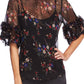 Vince Camuto Women's Sheer Floral Print Country Bouquet Peasant Top Black Size Small