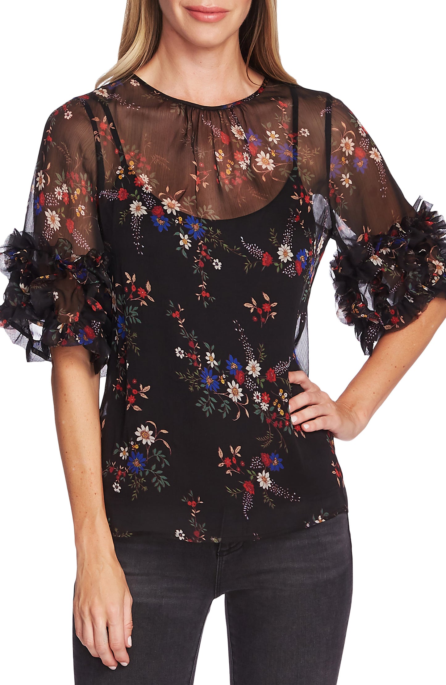 Vince Camuto Women's Sheer Floral Print Country Bouquet Peasant Top Black Size Small