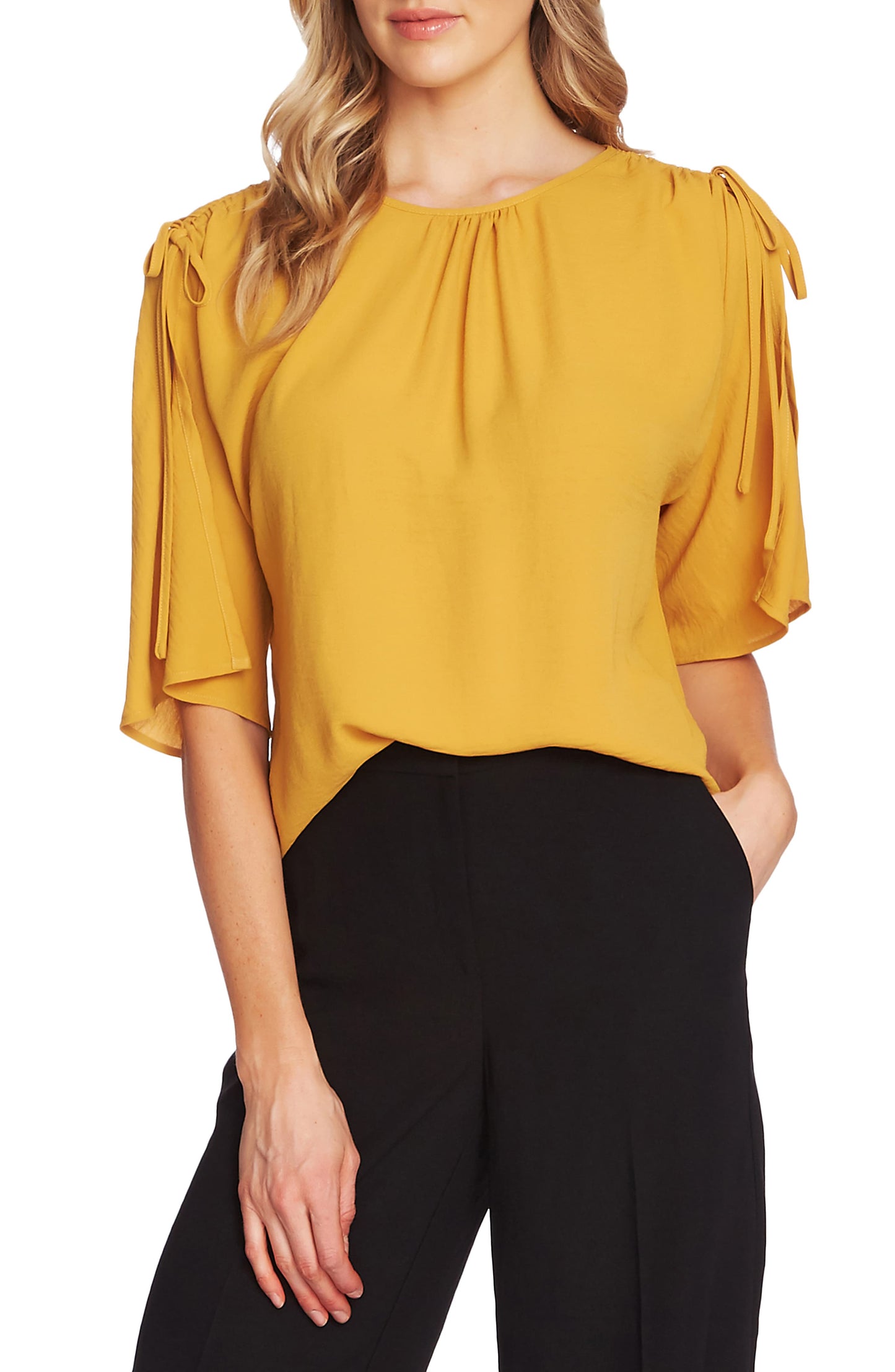 Vince Camuto Women's Gathered Tie Shoulder Blouse Yellow Size Small