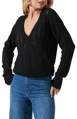 ASTR the Label Wrap Front Pointelle Sweater - Black