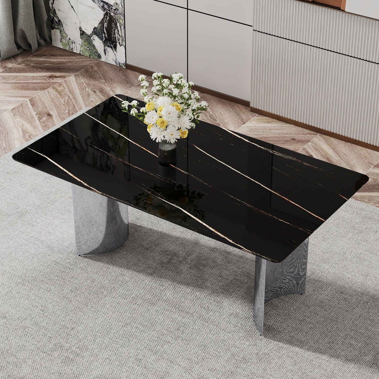 Modern Minimalist Dining Table With Marble Glass Top