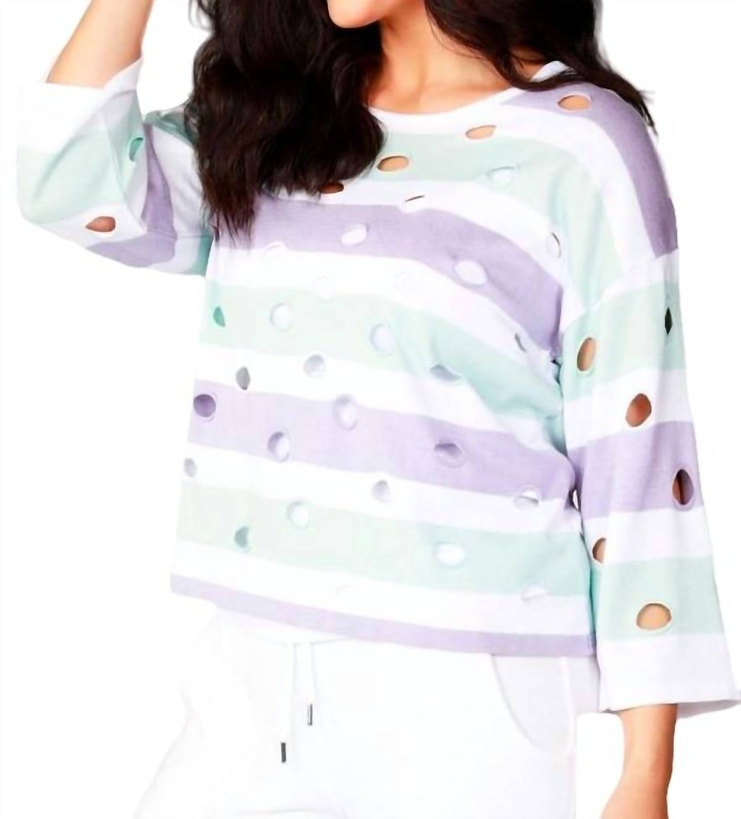 French Kyss - 3/4 Stripe Sleeve Holey Crew
