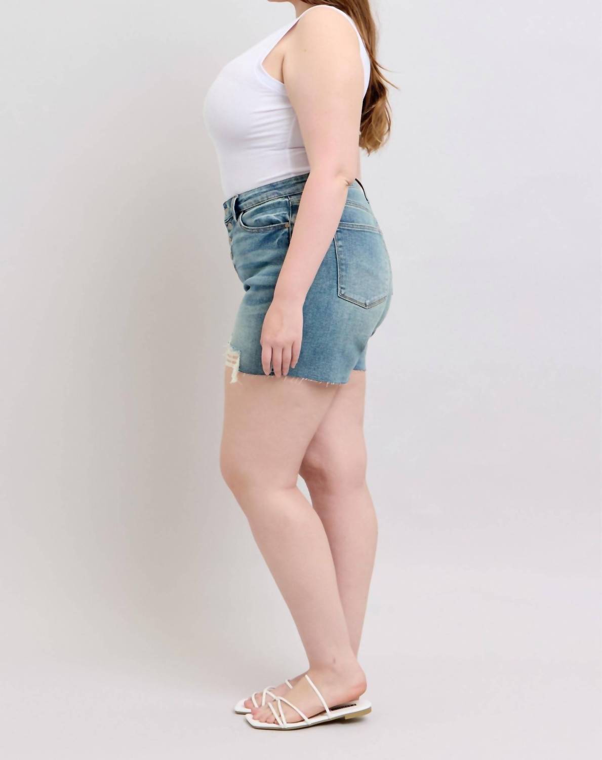 Judy Blue - Mid Rise Vintage Button Fly Destroy Denim Short