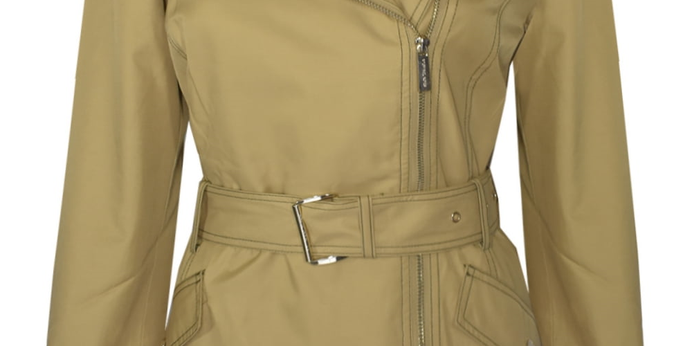 Michael Kors Women's Asymmetrical Belted Raincoat Brown Size Large