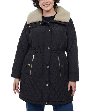 Michael Kors Women's Hooded Faux Fur Collar Quilted Coat Black Size 1X