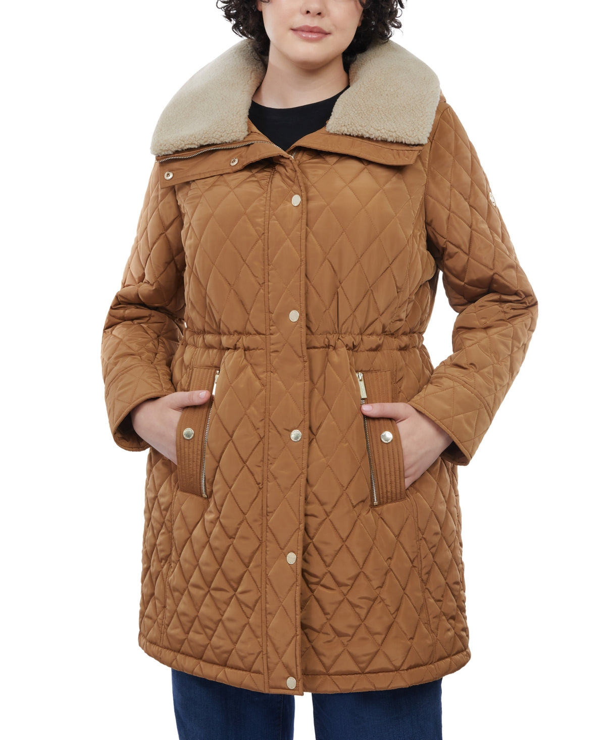 Michael Kors Women's Hooded Faux Fur Collar Quilted Coat Brown Size 1X
