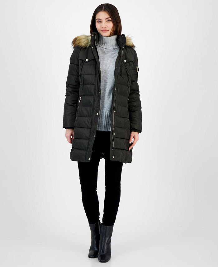 Michael Kors Women's Faux Fur Trim Hooded Puffer Coat Green Size Petite Large