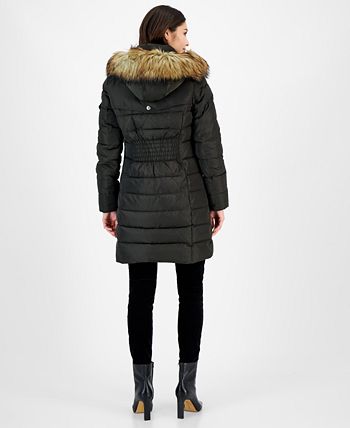 Michael Kors Women's Faux Fur Trim Hooded Puffer Coat Green Size Petite Large