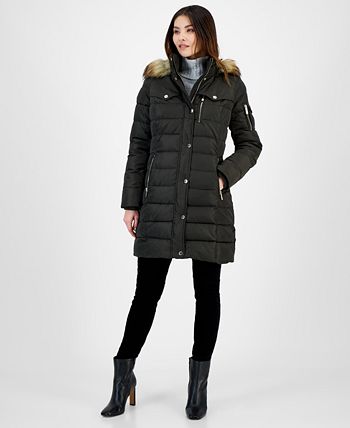 Michael Kors Women's Faux Fur Trim Hooded Puffer Coat Green Size Petite Large