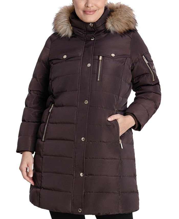 Michael Kors Women's Plus Faux Fur Trim Hooded Puffer Coat Brown Size 2X
