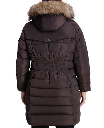 Michael Kors Women's Plus Faux Fur Trim Hooded Puffer Coat Brown Size 2X