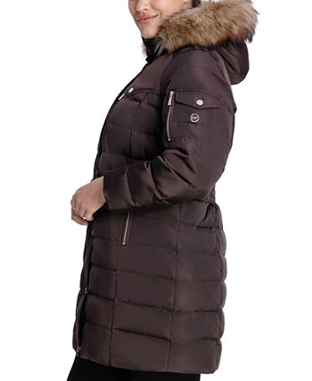 Michael Kors Women's Plus Faux Fur Trim Hooded Puffer Coat Brown Size 2X