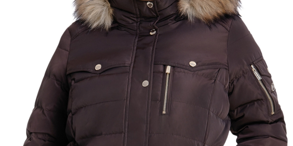 Michael Kors Women's Plus Faux Fur Trim Hooded Puffer Coat Brown Size 2X