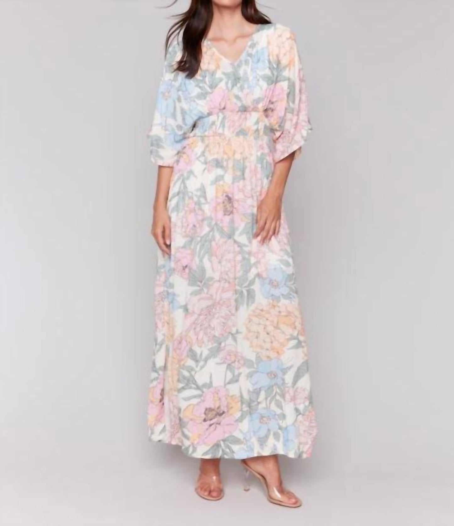 Charlie B - Printed Dolman Sleeve Maxi Dress With Side Slits