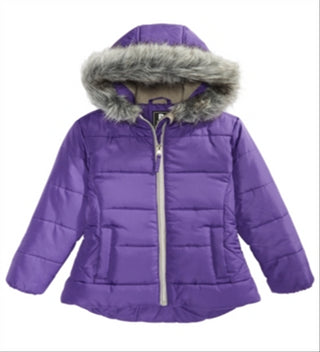 S Rothschild & Co Big Girl's Hooded Quilted With Faux Fur Trim Jacket Purple Size Medium