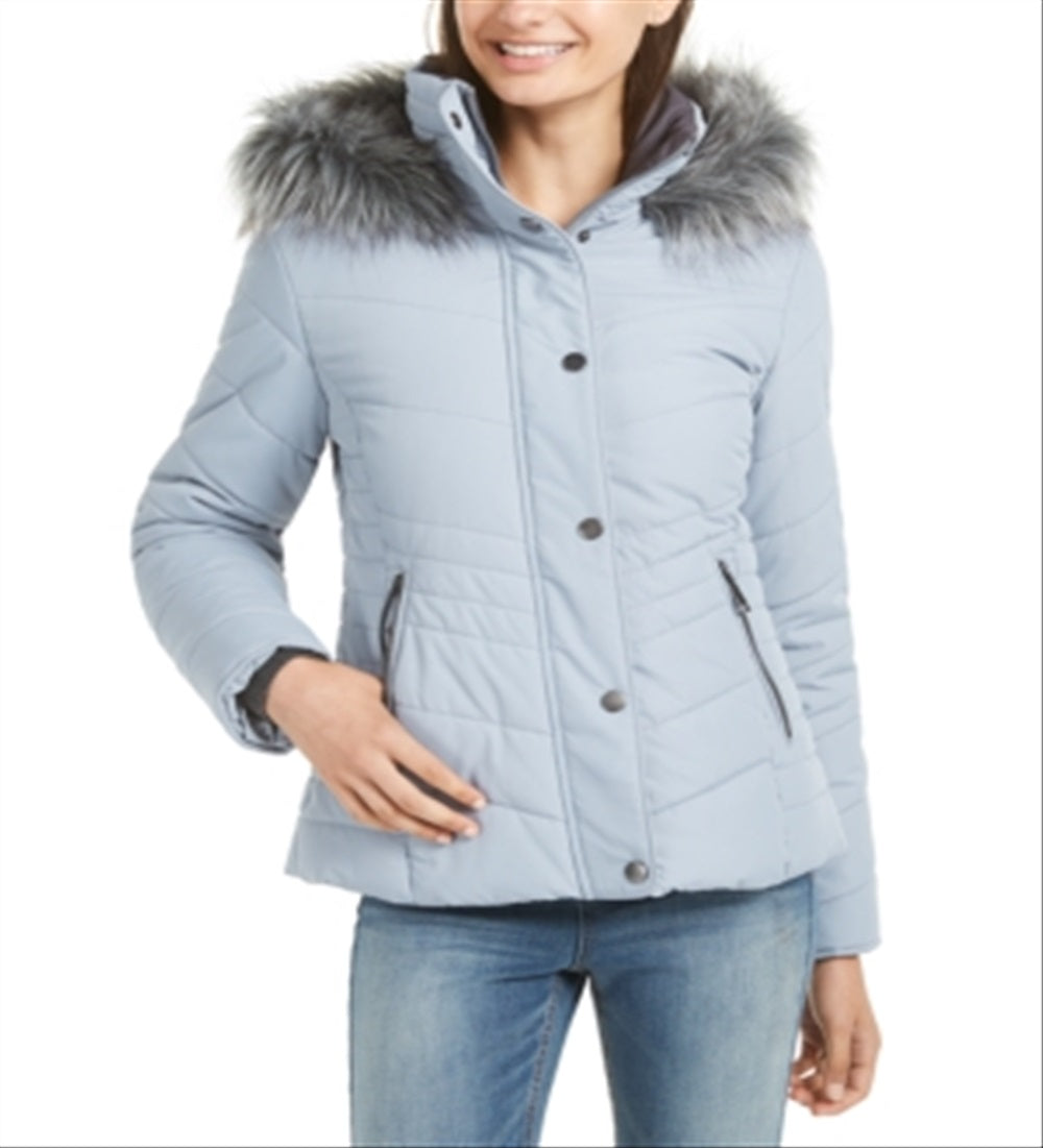 Maralyn & Me Junior's Faux Fur Trim Hooded Puffer Coat Blue Size X-Large