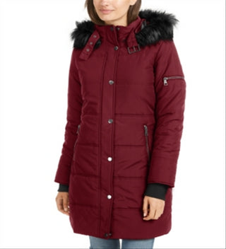 Maralyn & Me Junior's Faux Fur Trim Hooded Puffer Coat Maroon Size Medium