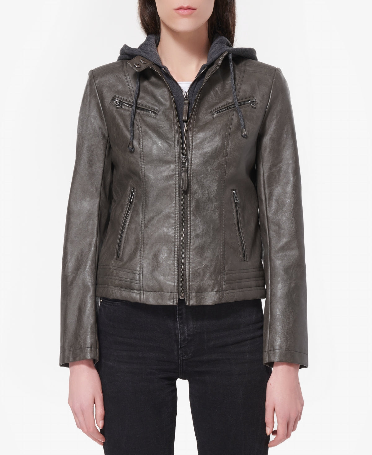 Maralyn & Me Junior's Layered Look Faux Leather Coat Gray Size X-Large