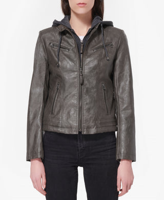 Maralyn & Me Junior's Layered Look Faux Leather Coat Gray Size X-Large