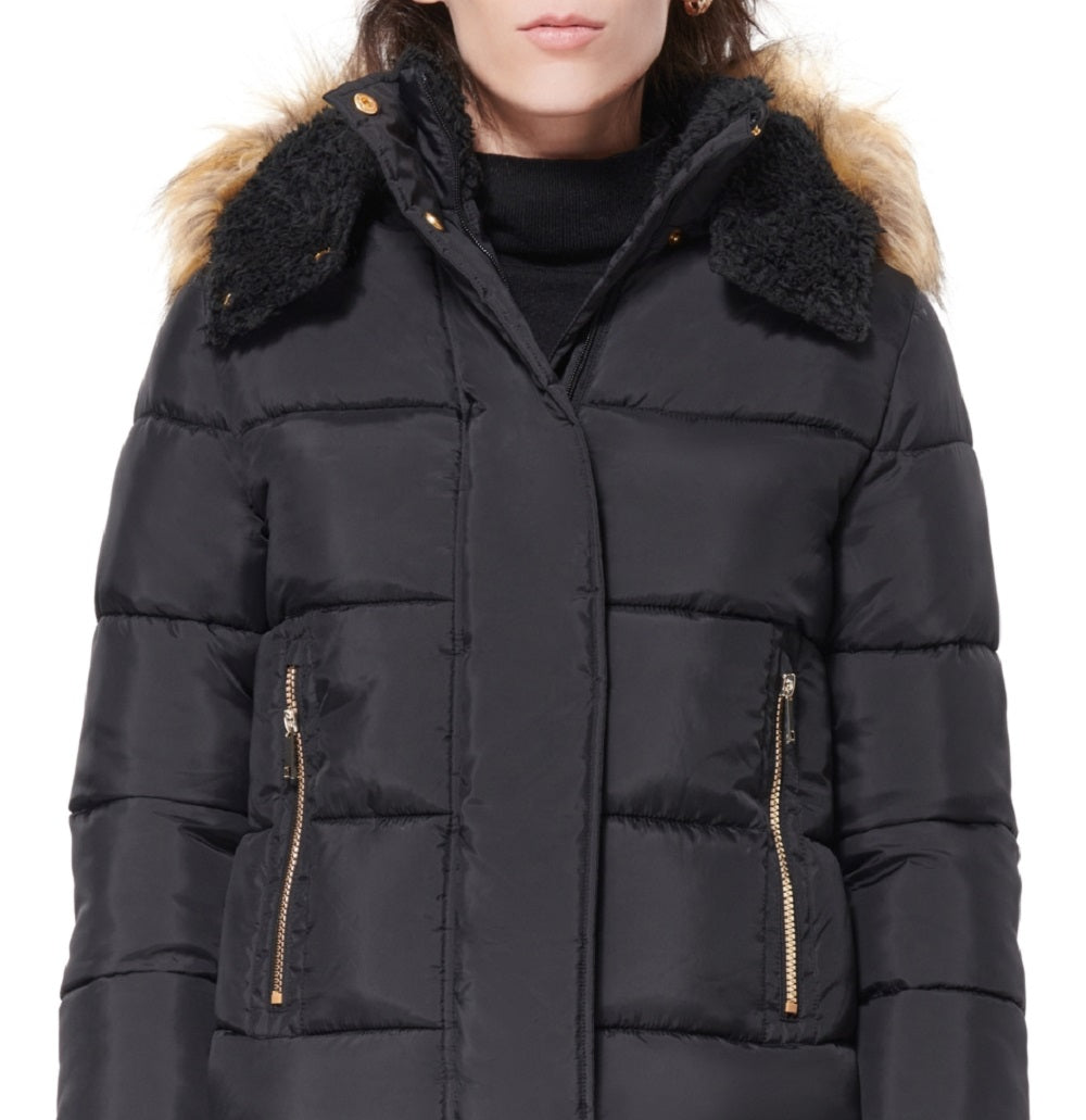 Maralyn & Me Junior's Hooded Faux Fur Trim Puffer Coat Black Size X-Small