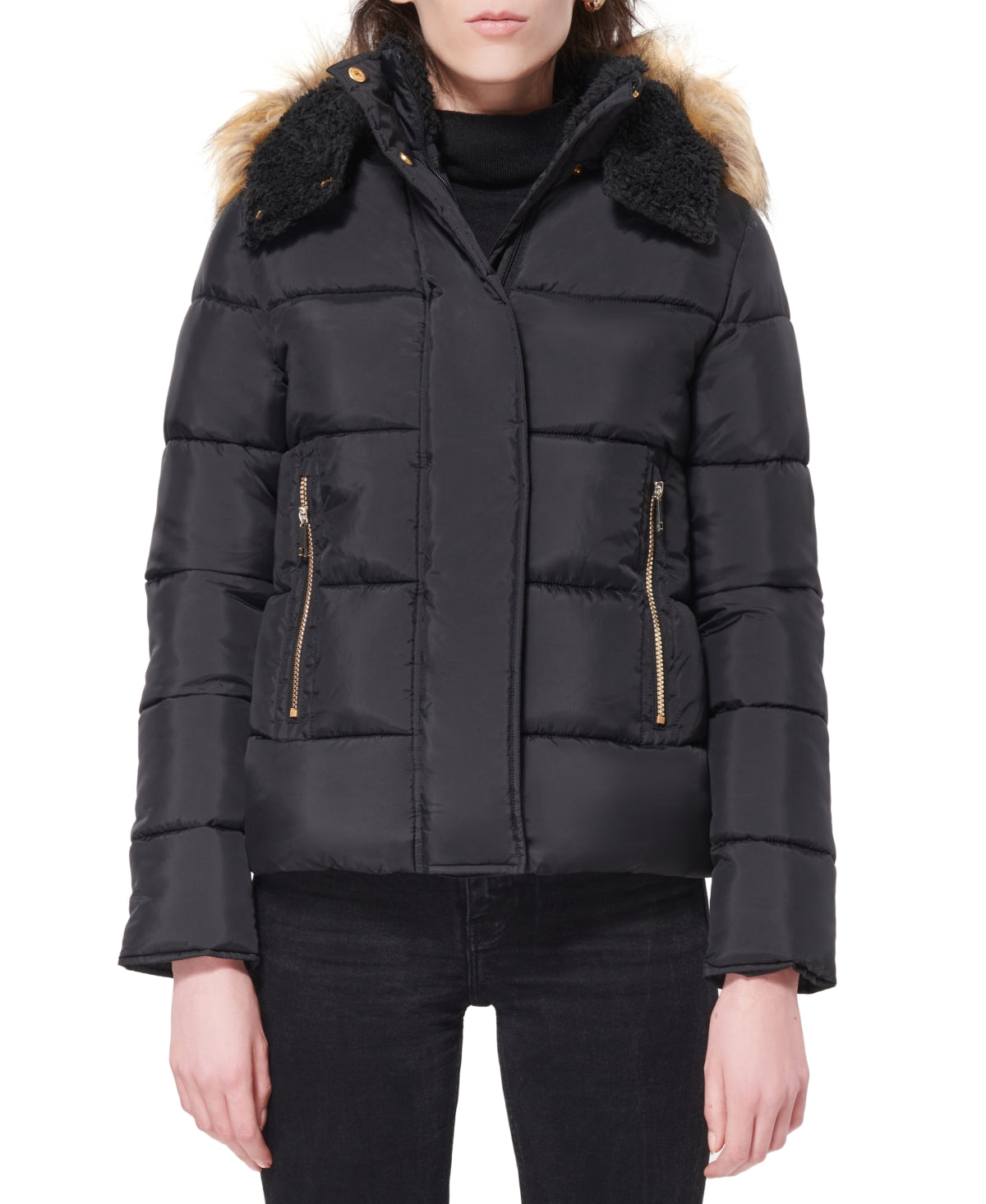 Maralyn & Me Junior's Hooded Faux Fur Trim Puffer Coat Black Size X-Small