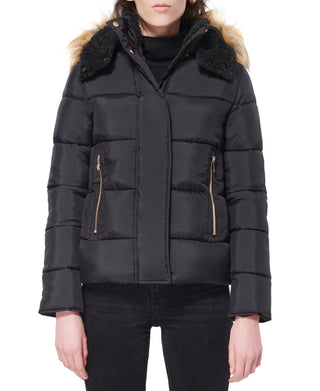 Maralyn & Me Junior's Hooded Faux Fur Trim Puffer Coat Black Size X-Small