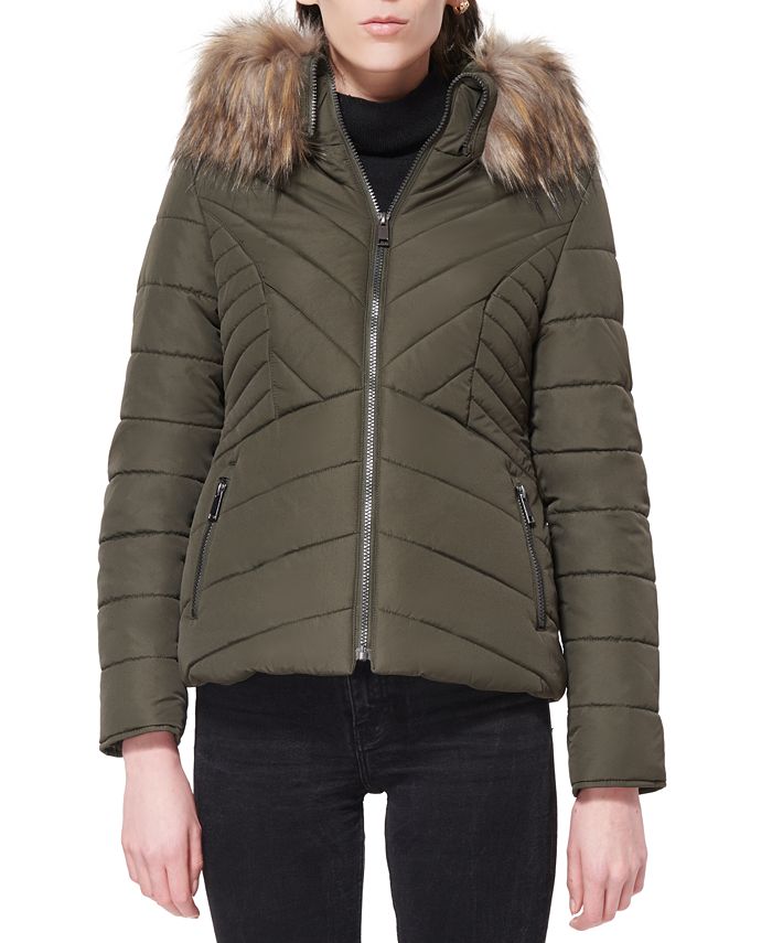 Maralyn & Me Junior's Faux Fur Trim Hooded Puffer Coat Gray Size Large
