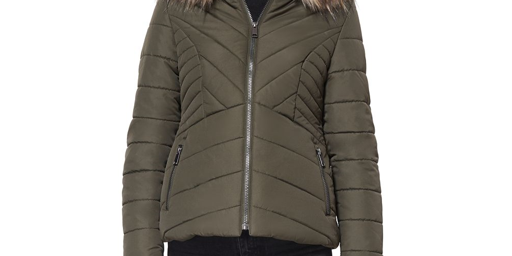 Maralyn & Me Junior's Faux Fur Trim Hooded Puffer Coat Gray Size Large