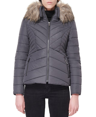 Maralyn & Me Junior's Faux Fur Trim Hooded Puffer Coat Gray Size Large