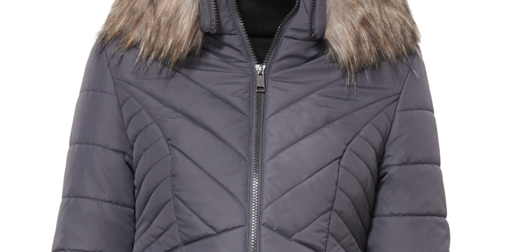 Maralyn & Me Junior's Faux Fur Trim Hooded Puffer Coat Gray Size Large