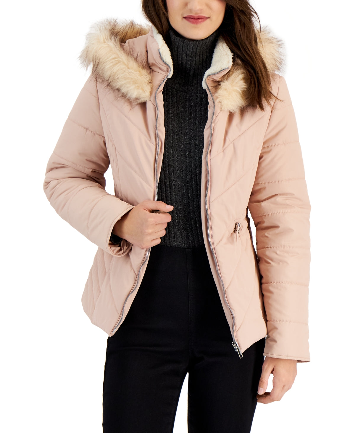 Maralyn & Me Junior's Faux Trim Hooded Puffer Coat Pink Size Large