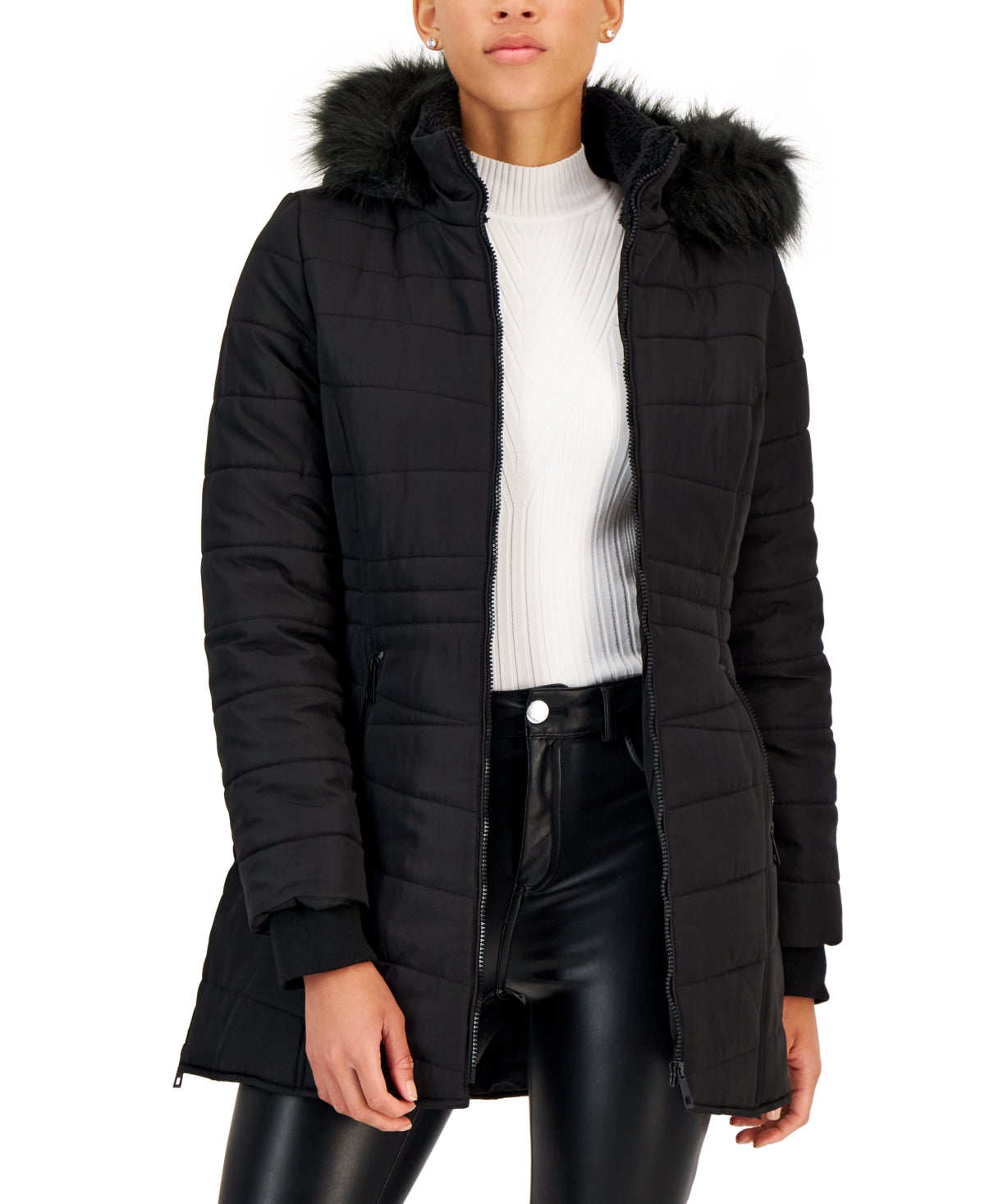 Maralyn & Me Junior's Cozy Collar Faux Fur Hood Puffer Coat Black Size Medium