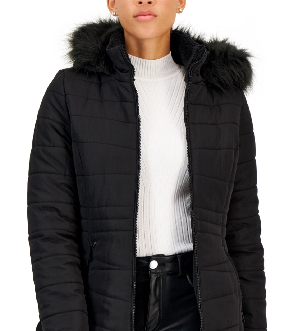 Maralyn & Me Junior's Cozy Collar Faux Fur Hood Puffer Coat Black Size Medium