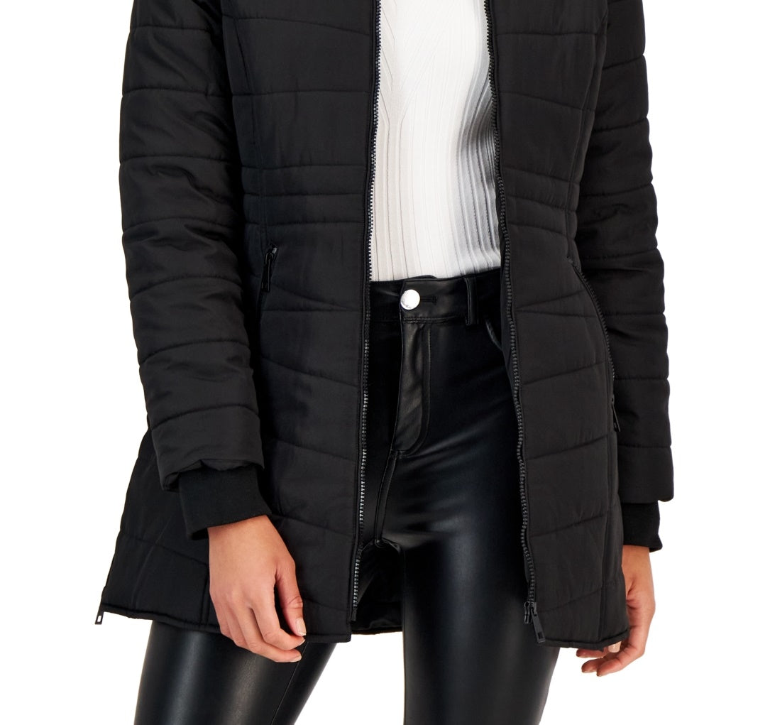 Maralyn & Me Junior's Cozy Collar Faux Fur Hood Puffer Coat Black Size Medium