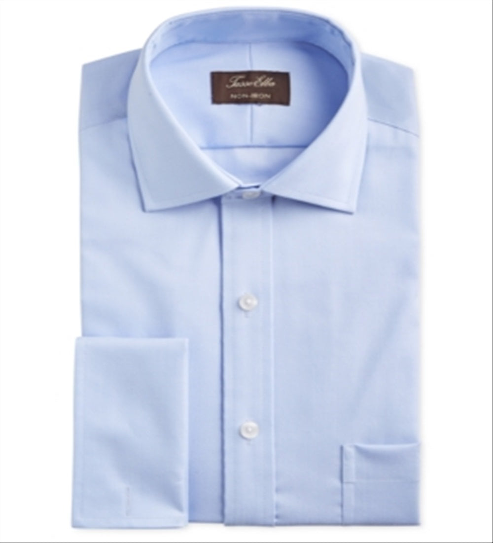 Tasso Elba Men's Classic Regular Fit Non Iron Supima Cotton Herringbone Solid French Cuff Dress Shirt Blue Size 15X32X33