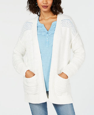 Style & Co Women's Open Front Pointelle Knit Cardigan White Size X-Large