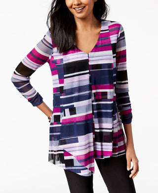 Alfani Women's Draped Asymmetrical Mesh Top Blue Size Petite S