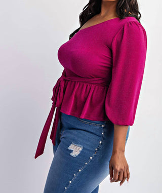 The Curve La - Plus Size One Shoulder Peplum Top With Tie