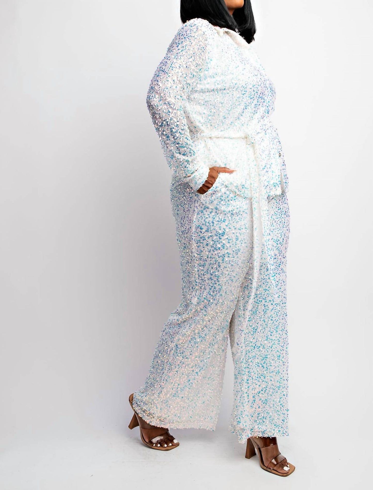 The Curve La - Plus Size Sequins Shirt And Wide-leg Pants Set