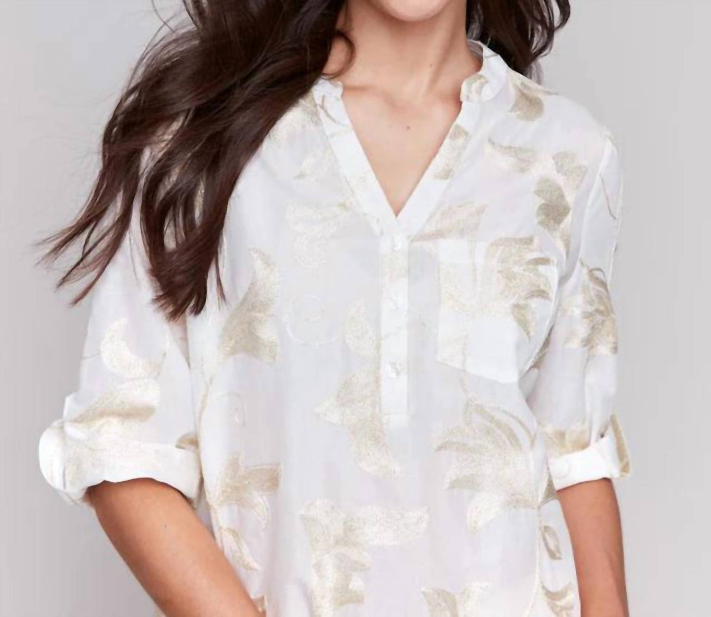 Charlie B - Embroidered Cotton Half-button Blouse