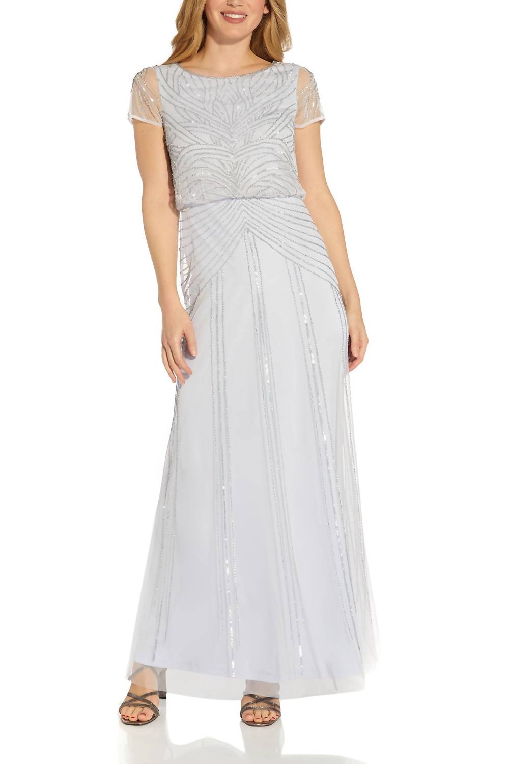 Adrianna Papell - Bateau Neck Back Zipper Short Sleeves Long Gown