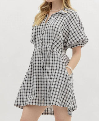 Entro - Gingham Pleated Bubble Sleeve Mini Dress