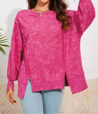 Shiying Fashion - Acid Wash Relaxed Fit Seamed Pullover Sweatshirt with Slits